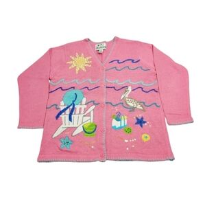Quacker Factory Beach Summer Seashore Themed Pink Cardigan Sweater Medium